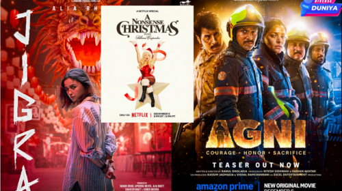 Collage of Agni, Jigra, and A Nonsense Christmas with Sabrina Carpenter - Latest OTT releases on Netflix and Amazon Prime.