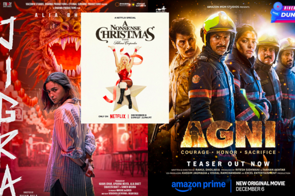 Collage of Agni, Jigra, and A Nonsense Christmas with Sabrina Carpenter - Latest OTT releases on Netflix and Amazon Prime.