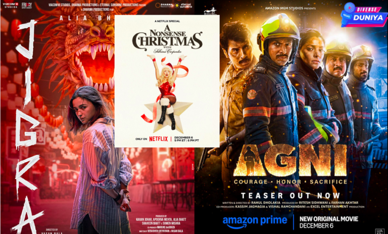 Collage of Agni, Jigra, and A Nonsense Christmas with Sabrina Carpenter - Latest OTT releases on Netflix and Amazon Prime.