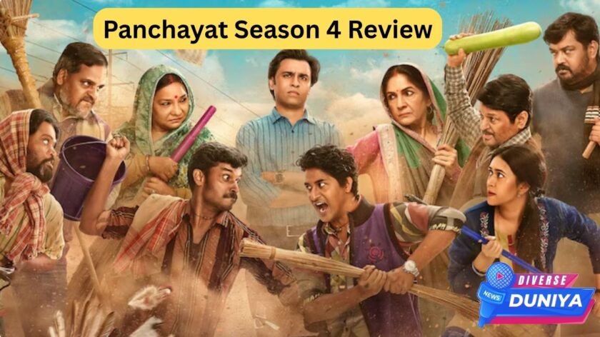 Panchayat Season 4 Review: रिश्तों, राजनीति और रियलिटी का अनोखा संगम Panchayat Season 4 cast standing in front of Gram Panchayat office in Phulera village
